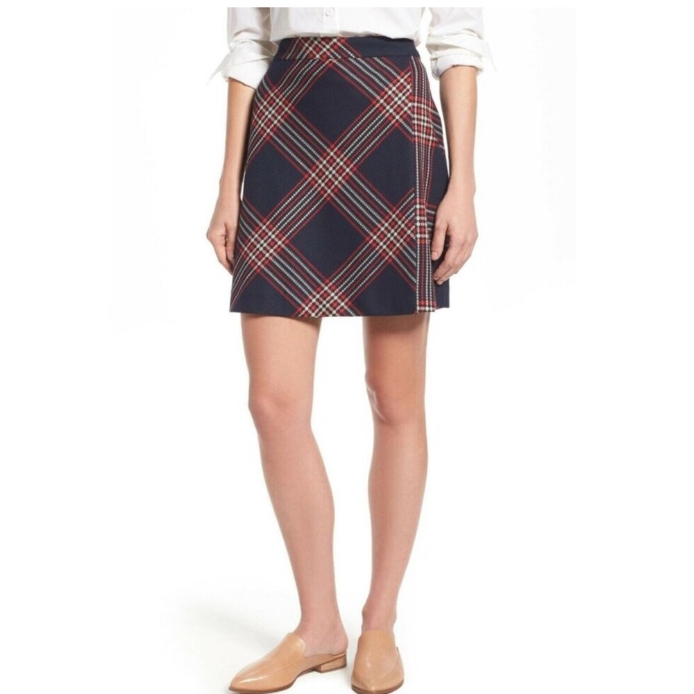 Halogen Navy Plaid Wrap Tweed Skirt Academia Preppy  NWOT